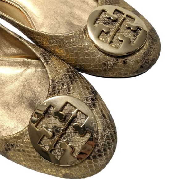 TORY BURCH Reva Gold Snakeskin Print Leather Ballet Flats 11 - Picture 2 of 11